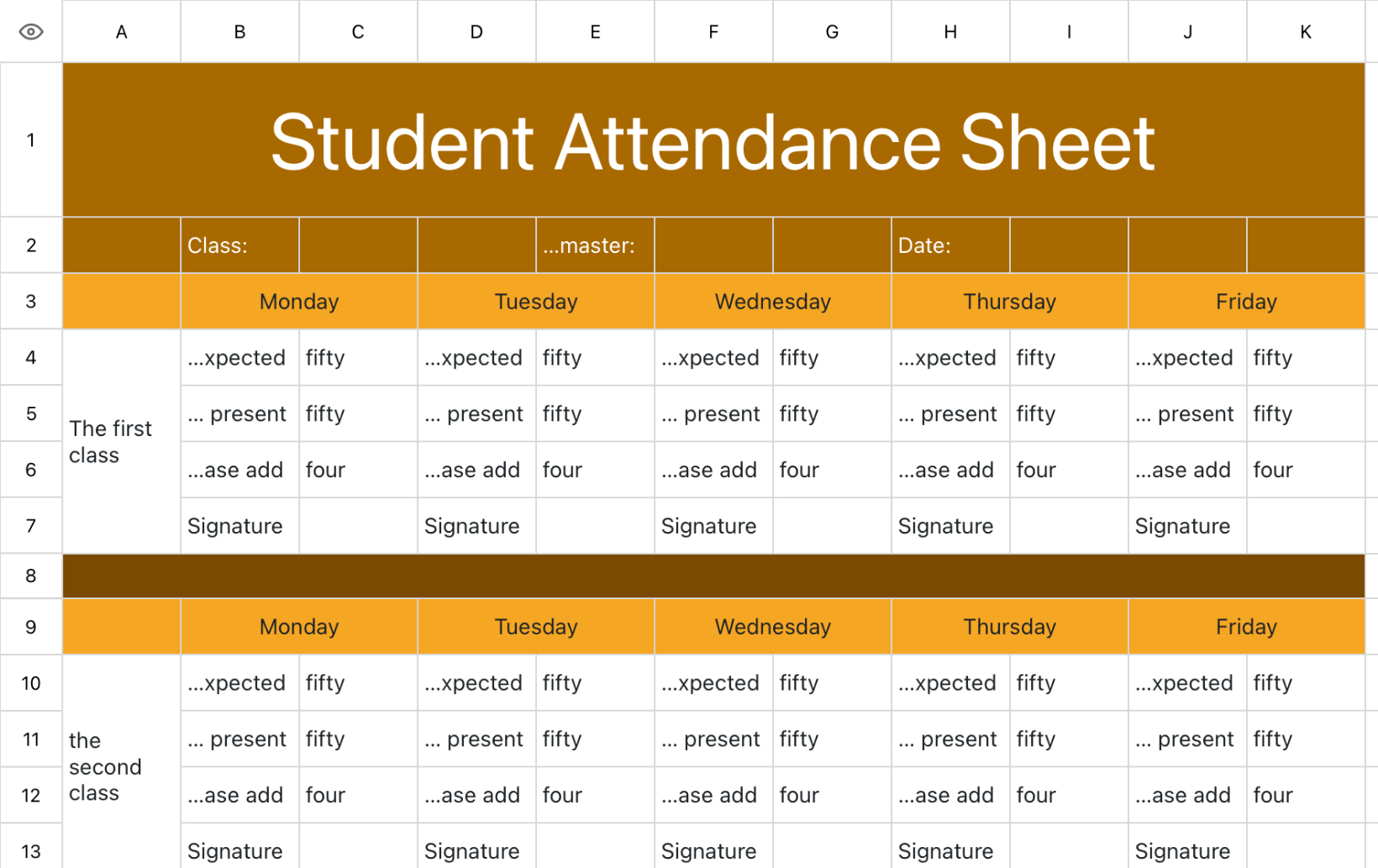 Student Classroom Attendance Sheet